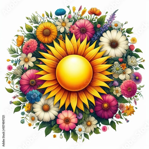 Sunny Bloom White background with a large bright yellow sun surr photo