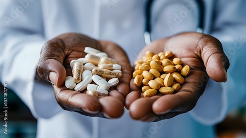 Healthy food versus pills. Close up of black dietologist holding handful of nuts and drugs, panorama photo