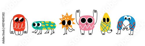 Funny cartoon characters mascots in trendy retro style and different geometric shapes. Hand drawn abstract funny cute comic characters sticker pack. Diversity concept.