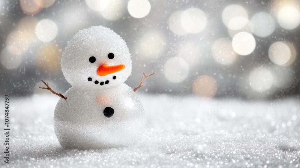 A cheerful snowman stands in a snowy landscape with a soft bokeh background. A cheerful snowman stands in a snowy landscape with a soft bokeh background.