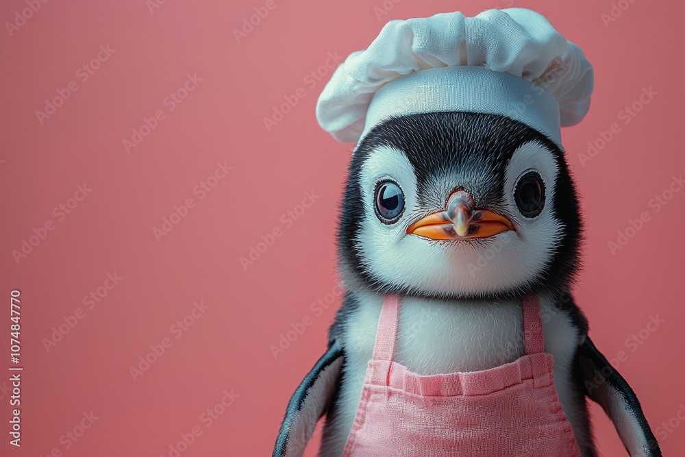 Obraz premium Adorable penguin wearing a chef hat and apron, standing against a pastel pink background, creating a whimsical and playful culinary atmosphere perfect for children's content.