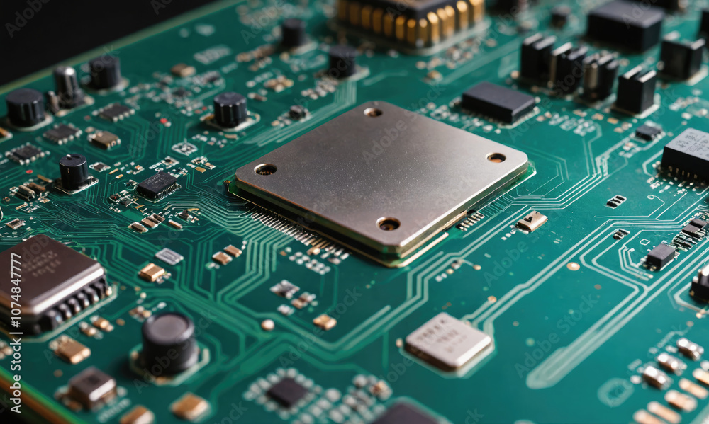 A close-up view of a circuit board with a large, square chip in the center A close-up view of a circuit board with a large, square chip in the center