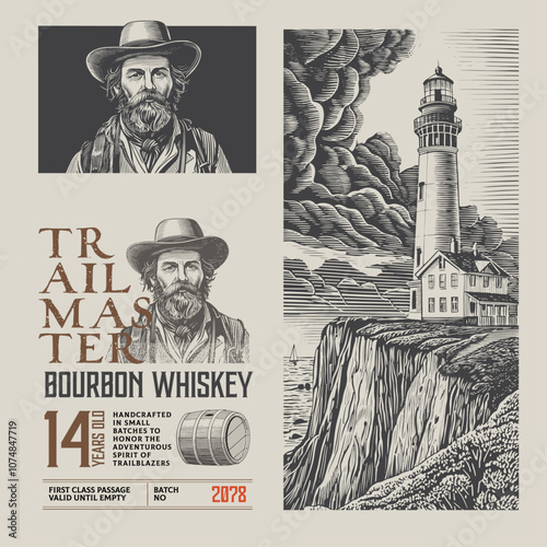 adventurous whiskey label illustrations