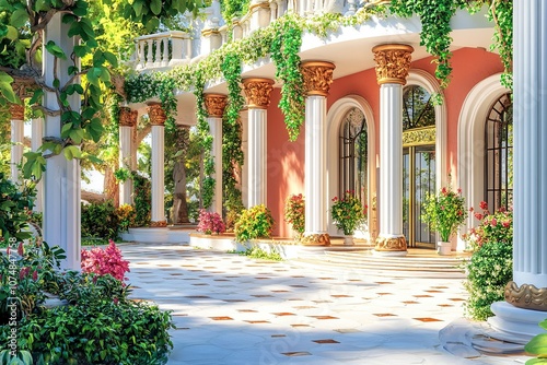 red and white luxury cylindrical building with beautiful green plants and flowers and elegant natural paving stones 