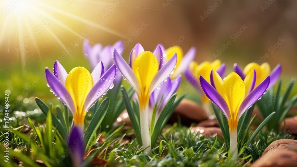 Close-up of blooming yellow and purple crocuses in spring, surrounded by sunlight Close-up of blooming yellow and purple crocuses in spring, surrounded by sunlight