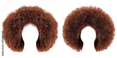 Two brown Afro style wigs with a transparent background