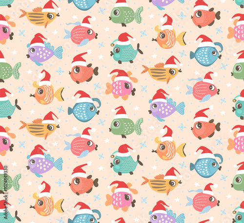 Merry Christmas happy new year  winter holidays seamless pattern with cute adorable small baby fishes in santa hats, for kids children xmas seasons greetings yuletide repeat design print