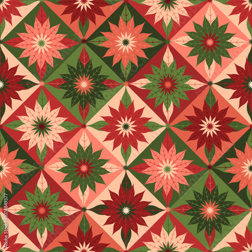 Merry Christmas happy new year  winter holidays seamless pattern  with geometric scandi nordic folk art style poinsettia flowers on diamond checkers in red green beige peach cream colors 