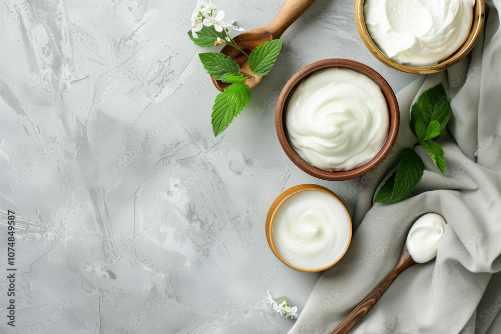 Natural Yogurt and Fresh Mint on a Rustic Background Natural Yogurt and Fresh Mint on a Rustic Background