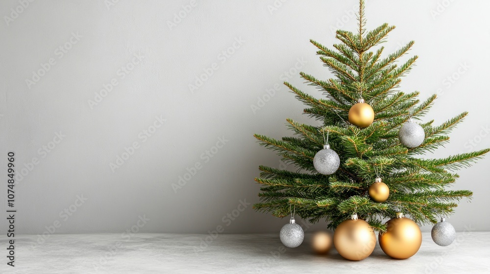 A decorated Christmas tree with gold and silver ornaments against a plain background. A decorated Christmas tree with gold and silver ornaments against a plain background.