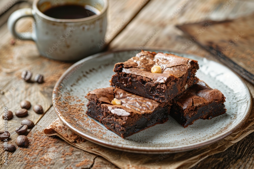 Brownie and Coffee Rustic Pairing on Wooden Surface Brownie and Coffee Rustic Pairing on Wooden Surface