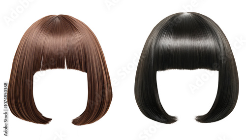 Two beautiful women's classic bob style wigs in black and brown. transparent background