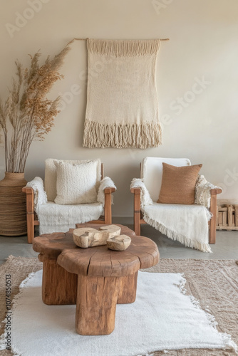 Vintage furniture pieces styled in a cozy living space showcasing sustainable decor and natural elements for a serene atmosphere