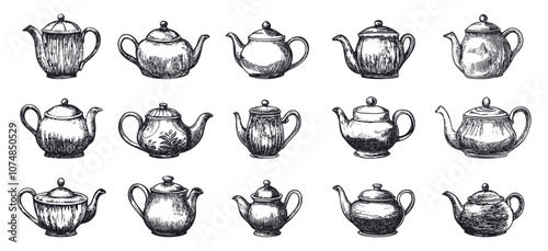Ceramic Teapot Collection Engraving Illustration White Background Art Collection Unique Designs Engraved Pottery Illustrations Decorative Ceramics Kitchenware Artwork Traditional