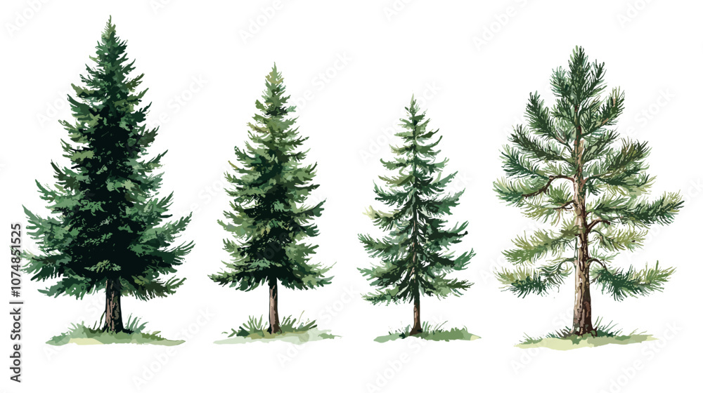 Pine tree watercolor Minimal style Side view set of graphics trees elements outline symbol for architecture and landscape design. Vector illustration transparent background Pine tree watercolor Minimal style Side view set of graphics trees elements outline symbol for architecture and landscape design. Vector illustration transparent background