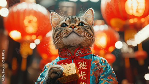 Joyful Fortune Cat: Traditional Chinese Costume and Gold Ingot