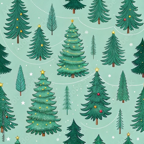 Christmas trees seamless pattern, green fir on mint background.