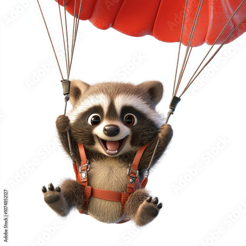 3D funny cartoon raccoon on a parachute, isolated, on a white background. Funny print for T-shirts. Character for a logo, illustration for an ironic advertisement of parachute sections, active recreat photo