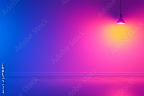 3d rendering of a single pendant glowing lamp with the clean solid  neon wall background