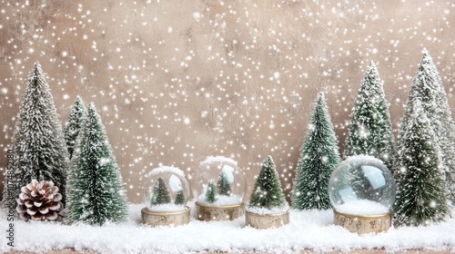 A festive winter scene with snow-covered trees and snow globes.
