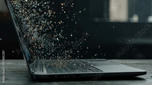 A laptop explodes with digital debris, representing the overwhelming amount of information and data in the digital age.