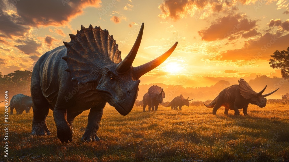 Fototapeta premium A herd of majestic triceratops roam the lush prehistoric landscape. They bask in the golden light of the sunset. Witness this stunning moment in time. Generative AI