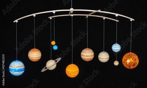 A solar system mobile hangs from the ceiling, showcasing the planets with realistic detail