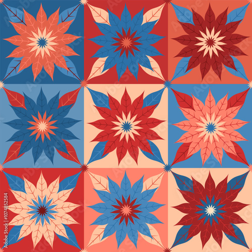 Merry Christmas happy new year  winter holidays seamless pattern  with geometric scandi nordic folk art style poinsettia flowers on  squares checkerboard  in red blue beige peach cream colors