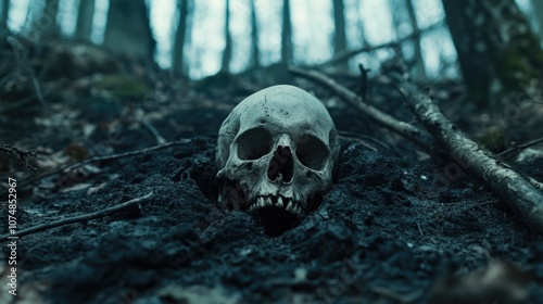 Human skull found in forest. Person remains buried in woodland thicket. Concept of murder and hiding of victim's body. Dangerous wood. Mystery and intrigue. Detective investigation. True crime story.