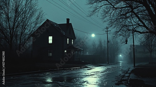 Fototapeta Naklejka Na Ścianę i Meble -  Creepy empty night street in small town. Nightmare, dark alley. Lonely house in mist. Dim light, eerie glow. Haunting anxious city atmosphere. Mystery horror. True crime story concept. Go home late.