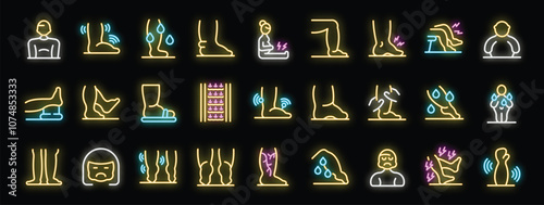 Neon icons representing various leg conditions, treatments, and preventative measures, highlighting common issues like pain, swelling, and discomfort