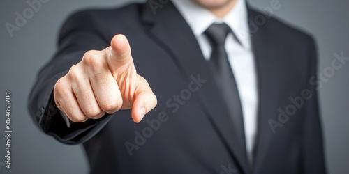 A businessman in a suit pointing, conveying authority and leadership in an office setting.