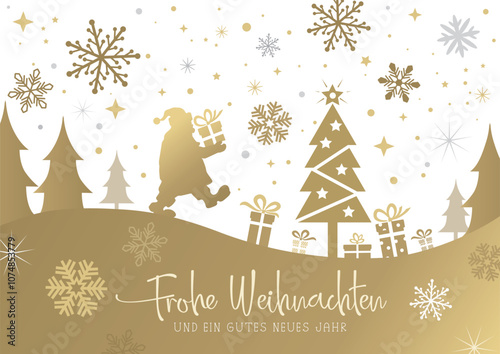 Weihnachtsmann mit Weihnachtsbaum und Geschenken in Winterlandschaft - Weihnachtsgrüße mit deutschem Text - gold, silber und weiß