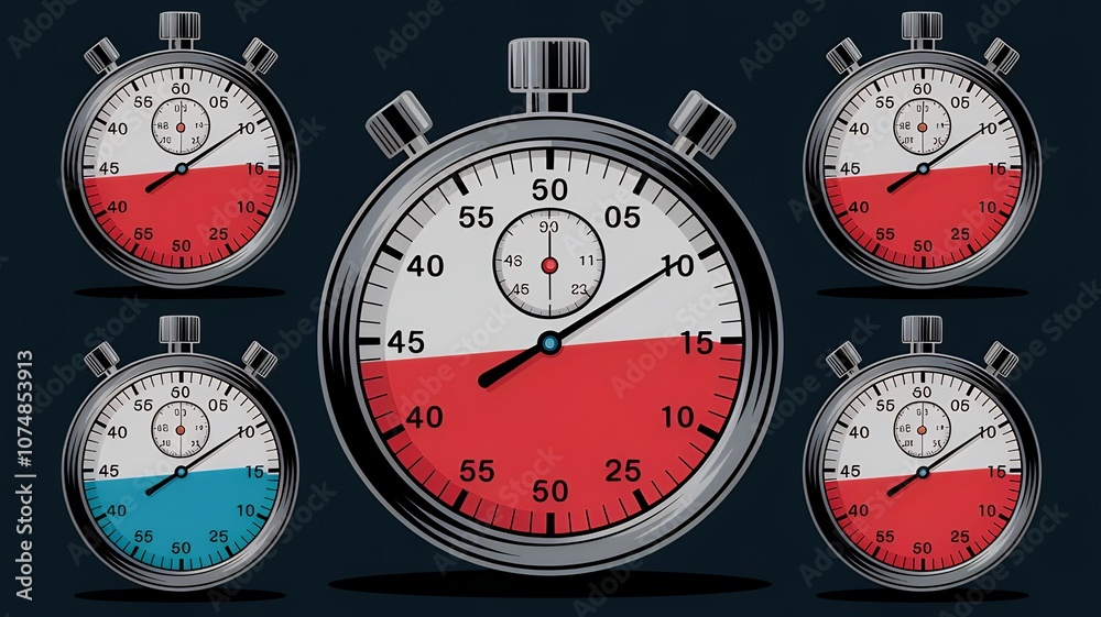 Naklejka premium A set of illustrated stopwatches in digital art style, each displaying different countdown times ranging from 0 to 60 seconds