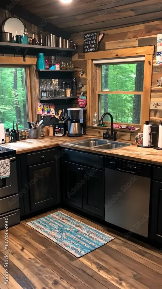 A rustic kitchen with wood cabinets and a wood countertop