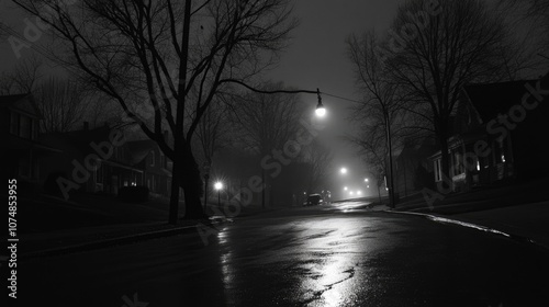 Fototapeta Naklejka Na Ścianę i Meble -  Creepy empty night street in small town. Nightmare, dark alley. Lonely house in mist. Dim light, eerie glow. Haunting anxious city atmosphere. Mystery horror. True crime story concept. Go home late.