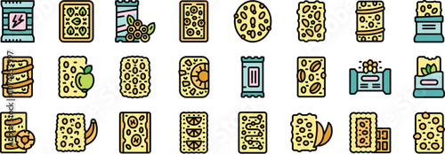 Set of colorful icons representing various types of cereal or energy bars, highlighting diverse ingredients and flavors