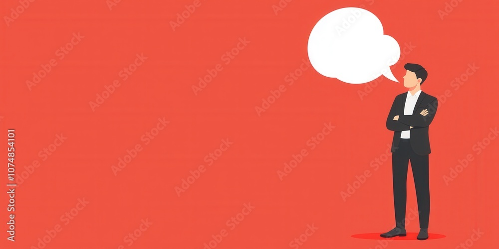 A businessman standing confidently with a speech bubble on a vibrant background. A businessman standing confidently with a speech bubble on a vibrant background.