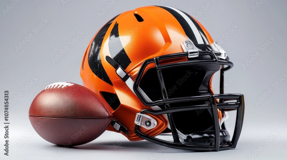 American Football Helmet and Ball on Gray Background American Football Helmet and Ball on Gray Background