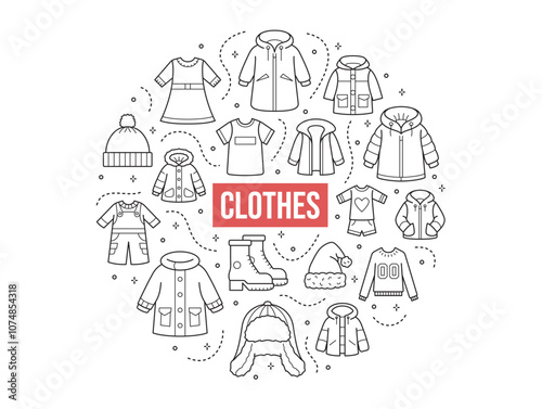 Clothes Line Icons Set. Outline symbols collection in a circular composition. Jacket, hat, boots, sweater, dress, t-shirt and other. Vector illustration.