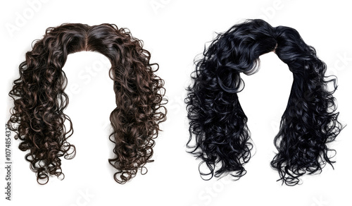 Two curly style wigs in black and brown. Beautiful women's wigs. transparent background