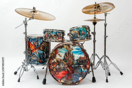 Drum set with colorful, abstract designs. photo