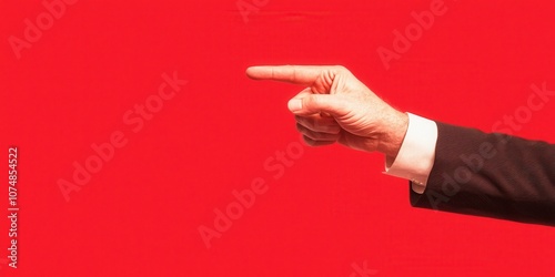 A close-up of a person's hand pointing against a bold red background. photo