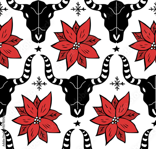 Merry Christmas happy new year  winter holidays wild old west seamless pattern with  boho animal sculls poinsettia flowers snowflakes in black white red, cowboy cowgirl xmas photo