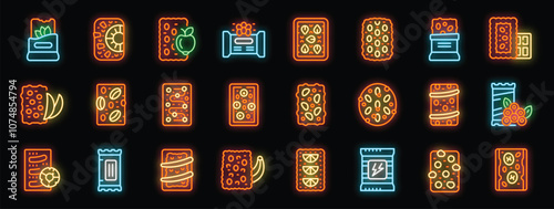Colorful neon icons representing different types of energy bars, granola bars, muesli bars, and protein bars, highlighting healthy snack options