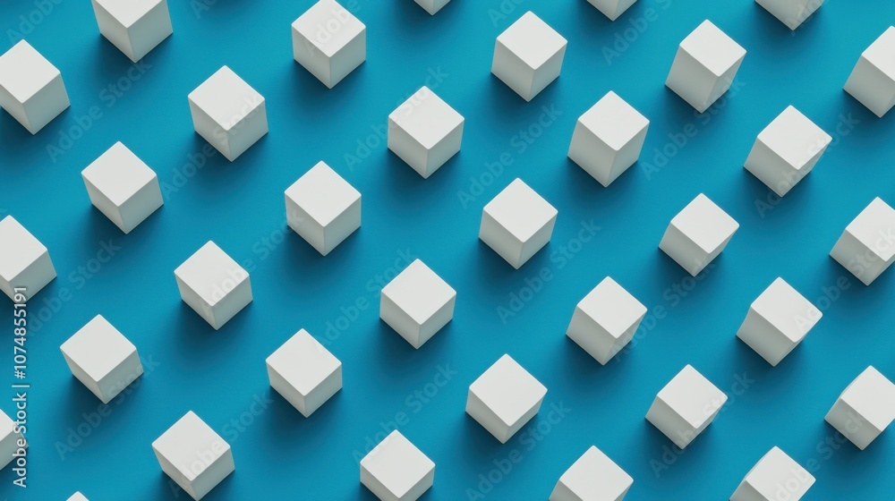 A flat lay of white cubes arranged in a grid on a blue background. A flat lay of white cubes arranged in a grid on a blue background.