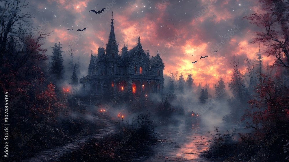 Haunting Gothic Castle Silhouetted Against Dramatic Cloudy Sky with Bats Overhead in Moody Supernatural Landscape - Fantasy,Horror,Mystical,Eerie,Creepy,Ominous,Foreboding,Grim,Brooding,Atmospheric. Haunting Gothic Castle Silhouetted Against Dramatic Cloudy Sky with Bats Overhead in Moody Supernatural Landscape - Fantasy,Horror,Mystical,Eerie,Creepy,Ominous,Foreboding,Grim,Brooding,Atmospheric.