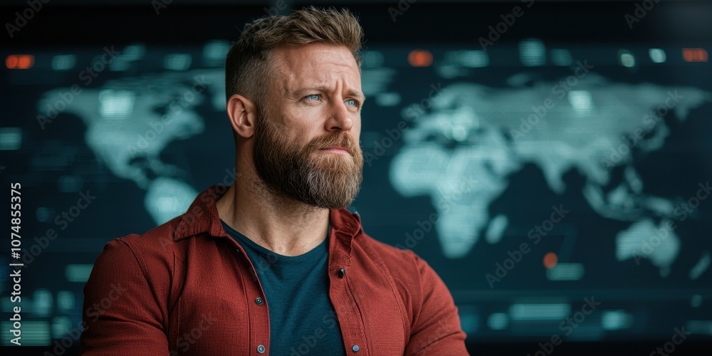 A focused man with a beard looks thoughtfully at a digital map in a modern workspace. A focused man with a beard looks thoughtfully at a digital map in a modern workspace.