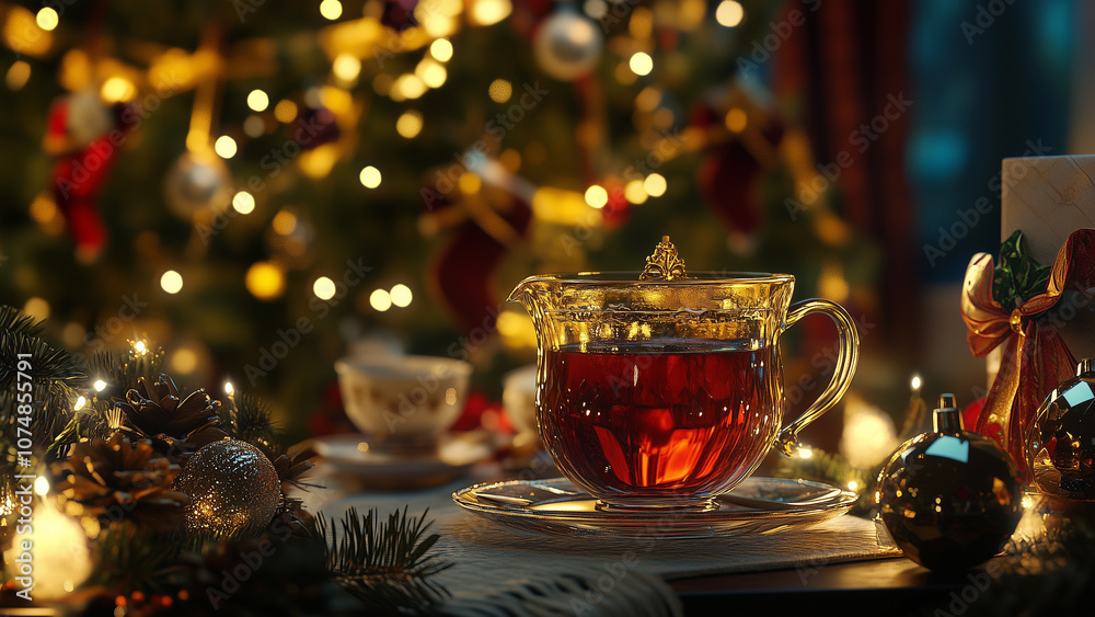 Festive Christmas Tea with Tree in the Background: A Cozy Holiday Scene Festive Christmas Tea with Tree in the Background: A Cozy Holiday Scene