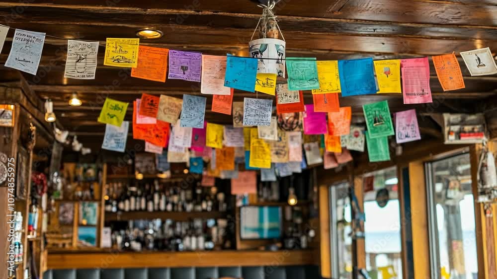 Colorful flags hang from the ceiling of a bar, creating a festive atmosphere Colorful flags hang from the ceiling of a bar, creating a festive atmosphere